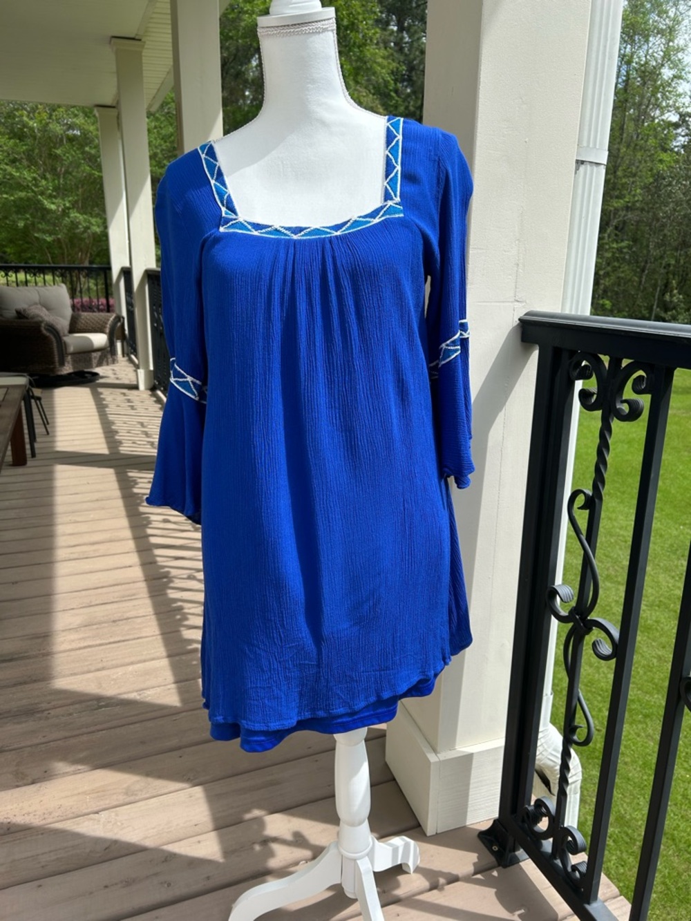 entro Royal Blue Square Neck Tunic with Embroidered Trim